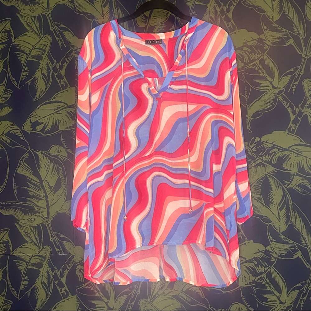APNY Print Tassel Split Neck Chiffon Top